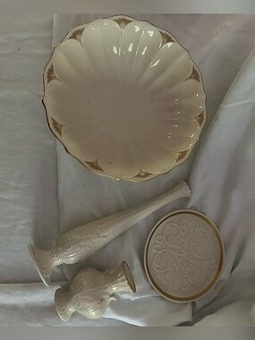 Multiple Lenox Cream and Gold Pieces, Serving Bowl and vase Set